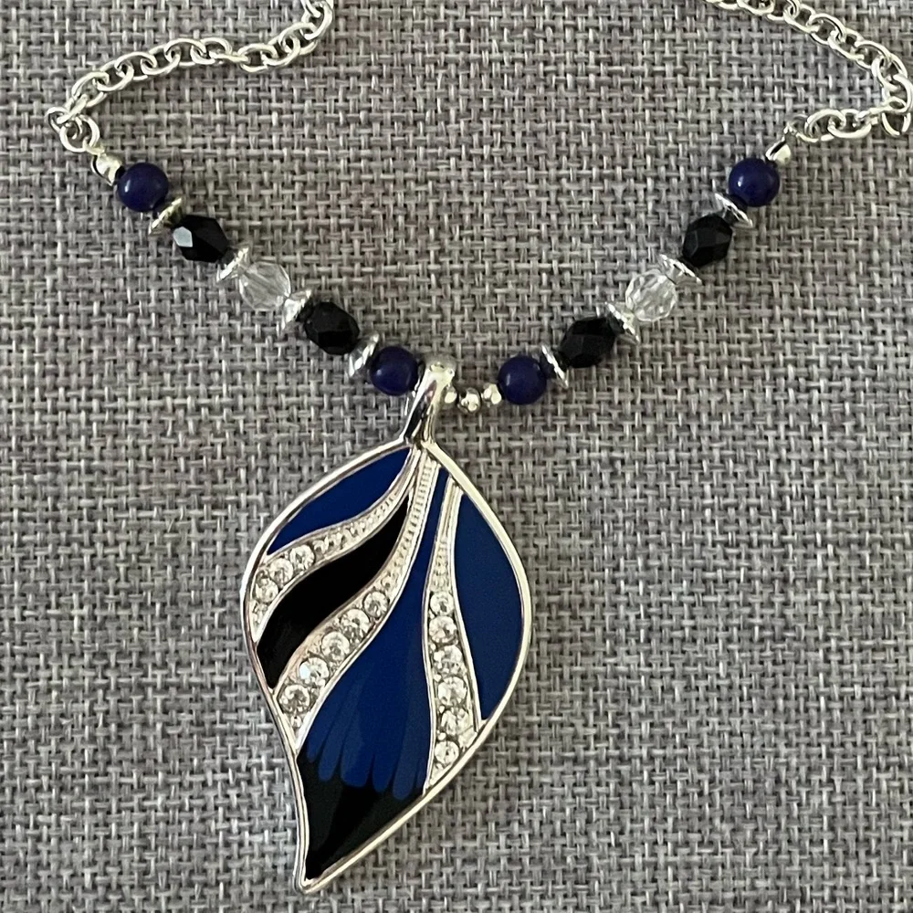 Statement Silver Chain with Blue & Silver Leaf Pendant Necklace
